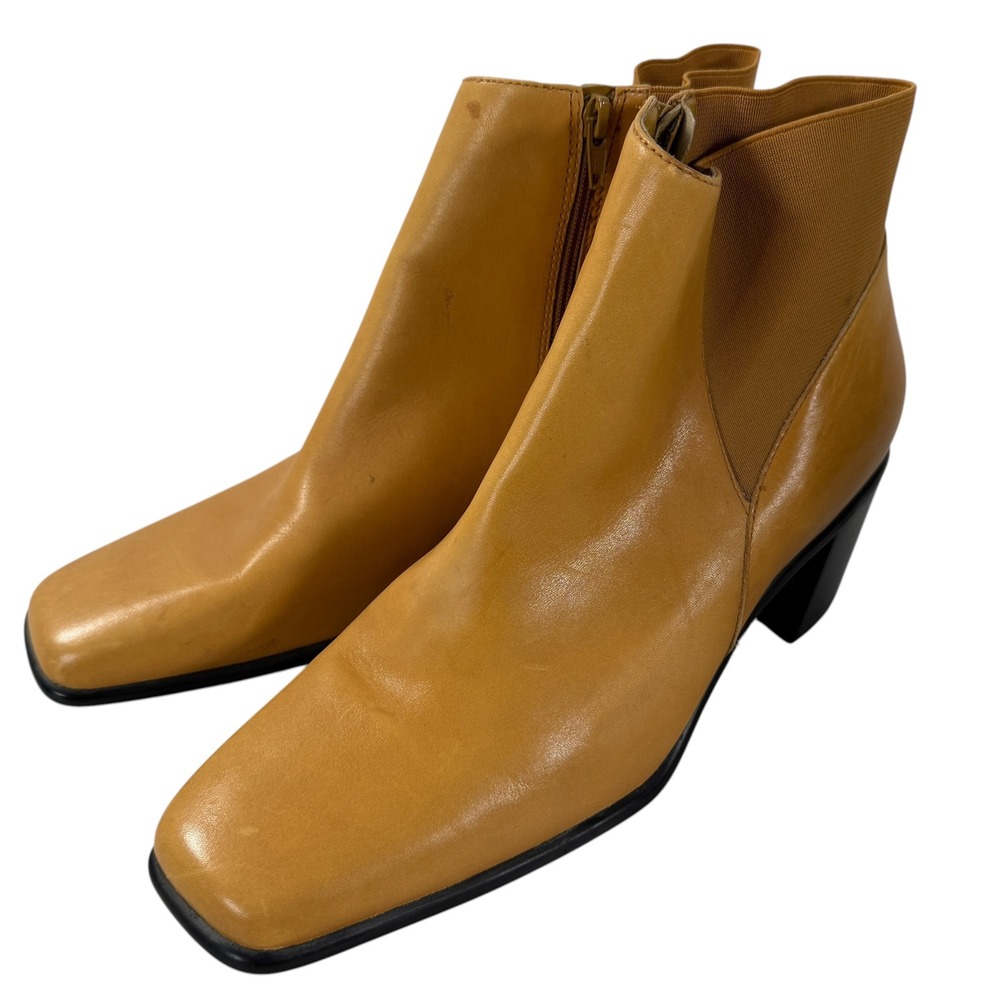 Nicole Play Yellow Tan Leather Square Toe Block Heel Ankle Boots 8.5M NWOT